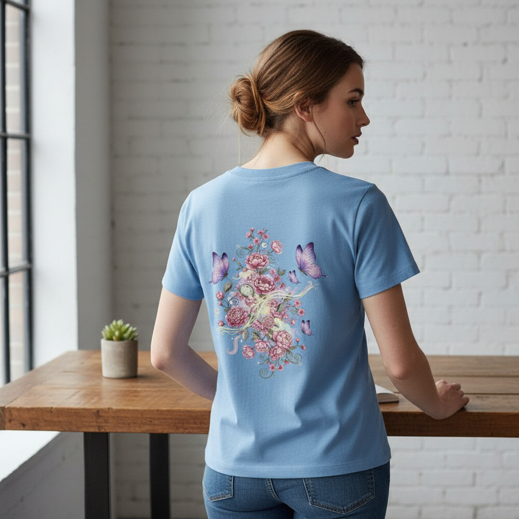 Organic Shirt Women Backprint Sky Blue